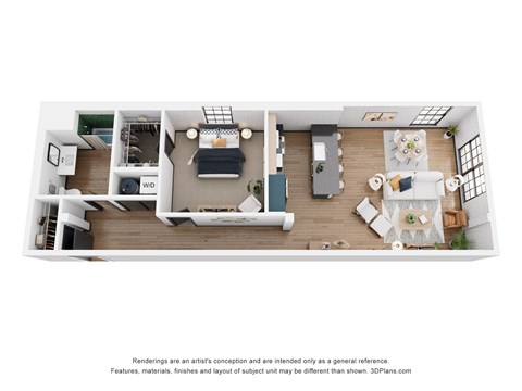 A 3D floor plan of a small apartment with a kitchen, living room, and bedroom.